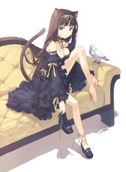 Rule 34 | 1girl, animal ears, bad id, bad pixiv id, bare shoulders, barefoot, bird, black dress, blue eyes, breasts, brown hair, cat ears, cat tail, choker, cleavage, couch, dress, feet, h2so4, holding, holding shoes, jewelry, legs, long hair, original, pendant, ribbon, shoes, single shoe, sitting, solo, tail, yellow upholstery