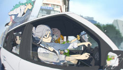 Rule 34 | 5girls, :d, :o, ahoge, black eyes, black hair, blue eyes, blurry, blurry background, car, city, closed mouth, collarbone, collared shirt, day, driving, flying, glasses, green hair, grey hair, hair between eyes, highres, kobayashi gen, long hair, looking at another, motor vehicle, multiple girls, open mouth, orange hair, outdoors, parted bangs, parted lips, pink hair, pink skirt, red eyes, selfie, shirt, signature, skirt, smile, sports utility vehicle, sweatdrop, wavy mouth, white shirt