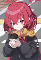 Rule 34 | 1girl, absurdres, black jacket, blue archive, coffee cup, commentary request, cup, day, disposable cup, fringe trim, grin, hair between eyes, halo, highres, holding, holding cup, jacket, kokolokokomika, long hair, looking at viewer, outdoors, rabu (blue archive), red eyes, red hair, red halo, scarf, smile, solo, upper body, yellow scarf