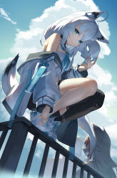 Rule 34 | 2girls, absurdres, ahoge, animal ear fluff, animal ears, bare shoulders, black legwear, black shorts, blue eyes, blue sky, closed mouth, cloud, cloudy sky, commentary request, day, fox ears, fox girl, fox mask, fox tail, hair between eyes, highres, holding, holding mask, hololive, jacket, long hair, long sleeves, looking at viewer, mask, unworn mask, multiple girls, off shoulder, on railing, ookami mio, open clothes, open jacket, outdoors, puffy long sleeves, puffy sleeves, railing, scottie (phantom2), shirakami fubuki, shirakami fubuki (1st costume), shoes, short shorts, shorts, silver hair, single thighhigh, sky, solo focus, squatting, tail, thighhighs, very long hair, virtual youtuber, white footwear, white jacket