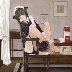 Rule 34 | 1girl, absurdres, ahoge, animal ears, apron, barefoot, between legs, black shirt, brown eyes, brown hair, cat ears, cat girl, cat tail, collared shirt, crossed ankles, cup, drawing (object), drink, drinking glass, full body, hand between legs, highres, juliet sleeves, knees up, leaning back, long bangs, long sleeves, looking to the side, maid, maid headdress, maoyasumisumi, milk, milk carton, original, puffy sleeves, raised eyebrows, shirt, signature, sitting, sleeve cuffs, solo, table, tail, thighs, waist apron, white apron, white shirt, wooden chair, wooden table