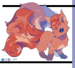 animal animal_focus auko black_eyes closed_mouth creatures_(company) fox full_body game_freak gen_1_pokemon highres multiple_tails nintendo no_humans orange_hair pokemon pokemon_(creature) smile solo tail vulpix