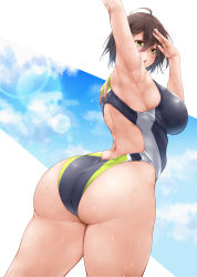 Rule 34 | 1girl, :o, adapted costume, ahoge, alternate costume, arm up, armpits, ass, azur lane, back, back cutout, baltimore (azur lane), bare shoulders, blue sky, breasts, brown hair, clothing cutout, cloud, competition swimsuit, cowboy shot, curvy, facing away, from behind, hair between eyes, hand over face, highres, huge ass, large breasts, lens flare, looking to the side, one-piece swimsuit, open mouth, oriue wato, short hair, sideboob, sky, solo, swimsuit, thick thighs, thighs, wet, yellow eyes