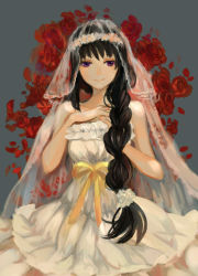 Rule 34 | 10s, 1girl, akemi homura, bare shoulders, black hair, braid, bridal veil, bride, dress, flower, gown, grey background, hair over shoulder, hands on own chest, head wreath, long hair, looking at viewer, low-tied long hair, mahou shoujo madoka magica, mahou shoujo madoka magica (anime), own hands together, purple eyes, red flower, red rose, rose, sash, scrunchie, simple background, single braid, sketch, solo, strapless, strapless dress, veil, very long hair, wedding dress, white dress, wttwj