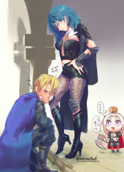Rule 34 | 1boy, 2girls, anger vein, armor, aurastack, black armor, black cape, black shorts, blonde hair, blue cape, blue eyes, blue hair, boots, brown pantyhose, byleth (female) (fire emblem), byleth (fire emblem), cape, chibi, chibi inset, closed eyes, closed mouth, clothing cutout, dimitri alexandre blaiddyd, edelgard von hresvelg, fire emblem, fire emblem: three houses, hair between eyes, hand on own hip, high heel boots, high heels, highres, looking down, multiple girls, navel, navel cutout, nintendo, pants, pantyhose, pantyhose under shorts, shorts, twitter username