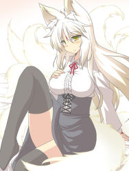 Rule 34 | 1girl, animal ears, black skirt, black thighhighs, blonde hair, blouse, blush, breasts, fox ears, fox tail, frills, girdle, goma (gomasamune), hand on breast, hand on own chest, knee up, large breasts, long hair, looking at viewer, meme attire, multiple tails, neck ribbon, one knee up, original, ribbon, shirt, skirt, solo, tail, thighhighs, virgin killer outfit, white shirt, yellow eyes