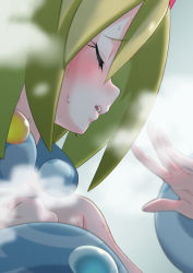 Rule 34 | 1girl, blonde hair, blurry, blush, bracelet, clenched hand, closed eyes, collar, commentary request, creatures (company), eyelashes, fog, game freak, hands up, highres, ika daishougun, irida (pokemon), jewelry, medium hair, nintendo, open mouth, pokemon, pokemon legends: arceus, solo, steam, sweat, teeth, upper body, upper teeth only