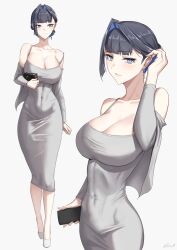 Rule 34 | 1girl, absurdres, adjusting hair, alternate costume, alternate hairstyle, bag, black hair, blue hair, breasts, cleavage, colored inner hair, covered navel, cropped jacket, dangle earrings, dongtan dress, dress, earrings, grey dress, grey footwear, grey jacket, hair behind ear, hair bun, handbag, highres, hololive, hololive english, jacket, jewelry, large breasts, long sleeves, looking at viewer, looking to the side, medium dress, meme attire, multicolored hair, multiple views, off shoulder, open clothes, open jacket, ouro kronii, pencil dress, short hair, simple background, smile, strap slip, taut clothes, taut dress, virtual youtuber, zenya