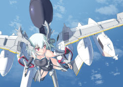 Rule 34 | 1girl, aqua hair, breasts, cleavage, elbow gloves, garter belt, gloves, highres, jet engine, looking to the side, mecha musume, nenchi, red eyes, skin tight, solo, swimsuit, wings