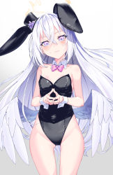 Rule 34 | 1girl, animal ears, ataru (cha2batake), azusa (blue archive), blue archive, blush, breasts, closed mouth, commentary request, fake animal ears, hair between eyes, halo, highres, long hair, playboy bunny, purple eyes, rabbit ears, silver hair, simple background, small breasts, solo, white background