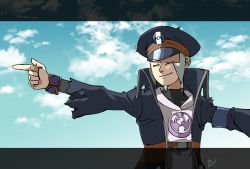 Rule 34 | 1boy, belt, belt buckle, black coat, black hat, bracelet, brown belt, buckle, closed eyes, closed mouth, cloud, coat, commentary request, creatures (company), day, facial hair, game freak, grey hair, hat, high collar, highres, ingo (pokemon), jewelry, male focus, nintendo, outdoors, pearl clan outfit, penta (20vdohc), pointing, pointing to the side, pokemon, pokemon legends: arceus, short hair, sideburns, sky, smile, solo, torn clothes, torn coat, upper body