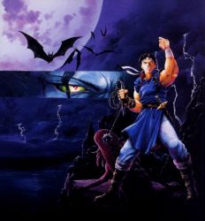 Rule 34 | 1990s (style), 1boy, bat (animal), boots, box art, brown eyes, brown hair, castle, castlevania (series), castlevania: rondo of blood, chain, clenched hands, cloud, dagger, dracula, dracula (castlevania), eye focus, full moon, gargoyle, headband, knife, konami, ledge, lightning, mace, male focus, manly, moon, muscular, night, official art, raised fist, realistic, retro artstyle, richter belmont, rock, short hair, traditional media, water, weapon, whip