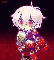 Rule 34 | 1boy, ahoge, androgynous, animal hood, artist name, black background, blood, blood in hair, blood on clothes, blood on face, bubble tea, collared shirt, commission, commissioner name, cup, dot nose, drinking straw, earrings, elio lappi, funamusea (artist), gradient background, grey hoodie, holding, holding cup, holding knife, hood, hood down, hoodie, indie virtual youtuber, jewelry, knife, looking at viewer, outer glow, rabbit hood, red background, red eyes, shaded face, shirt, short hair, skeb commission, star (symbol), star earrings, virtual youtuber, white hair, white shirt, yandere