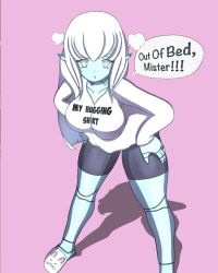 Rule 34 | blue skin, breasts, colored skin, cyana, gynoid, highres, long hair, oversized clothes, oversized shirt, p.m. seymour, pout, shirt, thick thighs, thighs