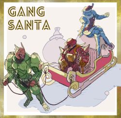 1girl 2girls christmas destra_majjo dogranio_yaboon dress goche_ru_medou gold_border green_arm group_picture hat kaitou_sentai_lupinranger_vs._keisatsu_sentai_patranger multiple_girls red_dress red_hat safe_(container) santa_costume santa_dress santa_hat simple_background sitting sleigh super_sentai tokusatsu tooduki_kichi white_background