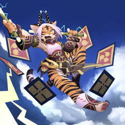 Rule 34 | 1girl, animal ears, arm up, breasts, cloud, electricity, fangs, female focus, furry, furry female, highres, holding rod, horns, kamukamu6392, looking at viewer, one eye closed, open mouth, original, sleeveless, small breasts, solo, tail, tiger ears, tiger tail, white hair, yellow eyes