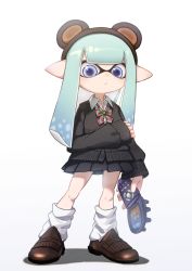 Rule 34 | 1girl, :/, animal ears, arm at side, bear ears, black cardigan, black skirt, blue eyes, blue hair, blunt bangs, blush, bow, bowtie, brown footwear, brown hairband, buttons, cardigan, cellphone, closed mouth, collared shirt, fake animal ears, female focus, flat chest, flip phone, full body, gradient background, gradient hair, hairband, hand up, highres, hime cut, holding, holding own arm, holding phone, inkling, inkling girl, inkling player character, kneehighs, legs, light blush, long hair, long sleeves, looking at viewer, loose socks, miniskirt, multicolored bowtie, multicolored hair, nintendo, nose blush, phone, pleated skirt, pointy ears, school uniform, shirt, shoes, sidelocks, simple background, skirt, socks, solo, splatoon (series), splatoon 3, standing, striped bow, striped bowtie, striped clothes, tentacle hair, tentacles, toki (yoyobozi), two-tone hair, white background, white shirt, white socks