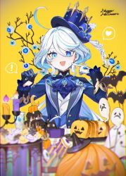 Rule 34 | !, 1girl, absurdres, ahoge, asymmetrical gloves, black gloves, blue eyes, blue hair, blue hat, drop-shaped pupils, finger to cheek, fork, furina (genshin impact), genshin impact, gloves, hair between eyes, half gloves, happy halloween, hat, heart, highres, holding, holding fork, index finger raised, long hair, long sleeves, looking at viewer, mismatched gloves, mismatched pupils, multicolored hair, open mouth, smile, speech bubble, symbol-shaped pupils, top hat, white gloves, white hair, yellow background, yu-ri (arium047)