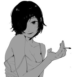 Rule 34 | 1girl, black hair, breasts, chainsaw man, cigarette, cleavage, eyepatch, greyscale, head tilt, highres, himeno (chainsaw man), holding, holding cigarette, looking at viewer, medium breasts, monochrome, off shoulder, short hair, simple background, smile, solo, tank top, ten ten 10 10, white background