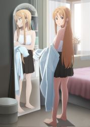 Rule 34 | 1girl, artist request, asuna (sao), bare arms, bare legs, bare shoulders, barefoot, bed, breasts, brown eyes, brown hair, dressing, feet, flower, highres, long hair, looking at viewer, looking back, medium breasts, mirror, reflection, school uniform, shirt, skirt, sword art online, sword art online progressive, tank top, third-party edit, underwear, white shirt