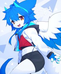Rule 34 | 1girl, 2024, absurdres, animal ears, animal hands, bike shorts, black panties, blue fur, blue hair, blue horns, blue wings, body fur, bright pupils, claws, cowboy shot, cropped jacket, dev voxy, fangs, feathered wings, female focus, flat chest, from side, furry, furry female, hair between eyes, happy, highleg, highleg panties, highres, hood, hood down, hooded jacket, horns, jacket, long sleeves, looking at viewer, midriff, navel, open clothes, open jacket, open mouth, orange eyes, original, panties, pawpads, red shirt, shirt, short hair with long locks, sidelocks, skin fangs, smile, solo, standing, stomach, string panties, tail, teeth, thighs, tongue, two-sided fabric, two-sided jacket, two-tone fur, undershirt, underwear, white fur, white jacket, white pupils, wings