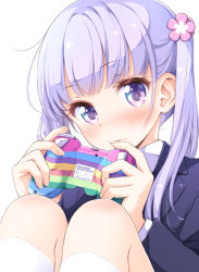 Rule 34 | 10s, 1girl, blush, controller, copyright name, flower, game controller, gamepad, hair flower, hair ornament, looking at viewer, new game!, purple eyes, purple hair, sitting, solo, suzukaze aoba, tokunou shoutarou, twintails