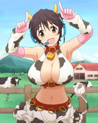 Rule 34 | 10s, 1girl, :d, animal ears, animal print, arm warmers, armpits, bad id, bad pixiv id, bell, neck bell, breasts, brown eyes, brown hair, cleavage, collar, cow, cow ears, cow horns, cow print, cow tail, cowbell, elbow gloves, fake animal ears, fence, gloves, head tilt, headset, horns, house, idolmaster, idolmaster cinderella girls, large breasts, looking at viewer, midriff, mountain, nash (na-si), navel, oikawa shizuku, open mouth, pink gloves, short hair, smile, solo, tail