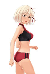 Rule 34 | 1girl, ass, bare arms, bare shoulders, blonde hair, blush, breasts, brown eyes, buruma, commentary request, from side, hair between eyes, highres, looking at viewer, looking to the side, lycoris recoil, medium breasts, nishikigi chisato, nonaka ritsu, official alternate costume, open mouth, red buruma, simple background, solo, sweat, white background