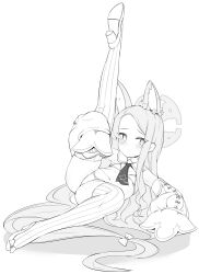 Rule 34 | 1girl, adapted costume, animal ears, bikini, blue archive, blush, bow, closed mouth, commentary, detached sleeves, dot mouth, flat chest, flexible, footwear bow, forehead, fox ears, fox girl, full body, garoudo (kadouhan&#039;i), greyscale, high heels, leg up, long hair, looking at viewer, lying, micro bikini, monochrome, navel, necktie, on back, parted bangs, seia (blue archive), short necktie, solo, stomach, striped clothes, striped thighhighs, swimsuit, tail, tail bow, tail ornament, thighhighs, vertical-striped clothes, vertical-striped thighhighs, very long hair