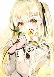 Rule 34 | 1girl, black ribbon, blonde hair, commentary request, covered mouth, crescent, crescent hair ornament, eyebrows hidden by hair, flower, gradient background, grey background, hair ornament, hair ribbon, hands up, holding, holding flower, long hair, long sleeves, looking at viewer, original, pierorabu, puffy long sleeves, puffy sleeves, ribbon, sailor collar, school uniform, serafuku, shirt, skirt, solo, two side up, very long hair, white background, white sailor collar, white shirt, white skirt, yellow eyes, yellow flower