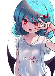 Rule 34 | 1girl, alternate costume, bat wings, blouse, blue hair, collared shirt, commentary request, contemporary, fang, hair between eyes, medium hair, nail polish, open mouth, print shirt, red eyes, red nails, remilia scarlet, shirt, short sleeves, simple background, solo, sseopik, touhou, v, white background, white shirt, wings
