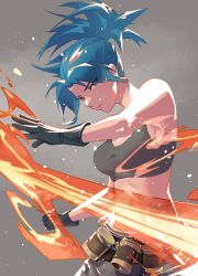 Rule 34 | 1girl, belt, black gloves, blue eyes, blue hair, boots, breasts, clenched hand, closed mouth, cofffee, earrings, gas can, gloves, grey background, jewelry, leona heidern, looking at viewer, military, military uniform, pants, ponytail, slashing, solo, tank top, the king of fighters, the king of fighters xiii, triangle earrings, uniform