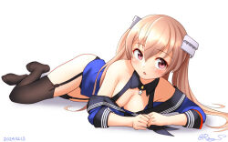 Rule 34 | 1girl, black panties, black sailor collar, black thighhighs, blue shirt, breasts, brown eyes, cleavage, dated, garter straps, headgear, johnston (kancolle), kantai collection, light brown hair, long hair, lying, medium breasts, off-shoulder shirt, off shoulder, on side, one-hour drawing challenge, panties, ray.s, sailor collar, school uniform, serafuku, shirt, simple background, solo, thighhighs, twitter username, two side up, underwear, white background