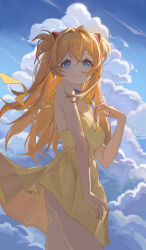 Rule 34 | 1girl, absurdres, ass, bare legs, bare shoulders, blue eyes, blue sky, cici, clothes lift, cloud, cloudy sky, dress, dress lift, floating hair, hair ornament, highres, interface headset, long hair, looking at viewer, neon genesis evangelion, orange hair, shiny skin, simple background, sky, smile, solo, souryuu asuka langley, standing, sundress, very long hair, white background, wide hips, yellow dress