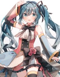 Rule 34 | 1girl, :d, arm up, bare shoulders, black bow, black thighhighs, blue eyes, blue hair, blue skirt, blue sleeves, bow, collared shirt, commentary, detached sleeves, flower, frilled skirt, frills, hatsune miku, heripiro, highres, long hair, long sleeves, looking at viewer, nail polish, open mouth, pink flower, pink nails, pink rose, pink skirt, pink sleeves, pleated skirt, rose, shirt, simple background, skirt, sleeveless, sleeveless shirt, sleeves past wrists, smile, solo, striped, striped bow, thighhighs, twintails, very long hair, vocaloid, white background, white shirt, wide sleeves