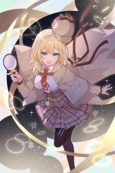 Rule 34 | 1girl, black pantyhose, blonde hair, blue eyes, bow, breasts, brown bow, brown capelet, brown coat, brown hat, brown skirt, capelet, coat, collared shirt, deerstalker, foot out of frame, hat, hat bow, highres, holding, holding magnifying glass, hololive, hololive english, long sleeves, looking at viewer, magnifying glass, medium breasts, medium hair, necktie, open clothes, open coat, open mouth, pantyhose, plaid, plaid skirt, pleated skirt, pocket watch, red necktie, sae1293, shirt, skirt, smile, solo, standing, standing on one leg, star (symbol), starry background, virtual youtuber, watch, watson amelia, white shirt
