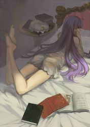 Rule 34 | 1girl, alternate costume, ass, bare legs, bare shoulders, barefoot, bed, book, charimei, feet, female focus, from behind, hat, unworn hat, unworn headwear, hime cut, kirisame marisa, legs, legs up, long hair, lying, nightgown, on back, on stomach, open book, patchouli knowledge, pentagram, photo (object), purple hair, reading, see-through, shade, solo, strap slip, the pose, touhou, very long hair