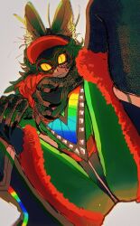 Rule 34 | 1boy, animal ear fluff, black hat, black nails, cabbie hat, claws, colored sclera, colored skin, from below, glasses, green hair, green skin, hair between eyes, hat, highres, long hair, looking at viewer, male focus, master detective archives: rain code, monster boy, mystery phantom, oishikunatte shintoujou, round eyewear, scales, simple background, sitting, slit pupils, solo, white background, yellow sclera, zilch alexander