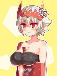 Rule 34 | 1girl, anger vein, bare shoulders, between breasts, blush, breasts, cleavage, commentary, cougar (cougar1404), dragon: marked for death, empress (dmfd), facial scar, hair ornament, large breasts, looking at viewer, red eyes, scar, scar on cheek, scar on face, short hair, solo, strapless, sweat, tube top, white hair