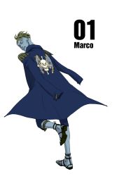 Rule 34 | 1boy, back, character name, highres, jacket, jacket on shoulders, jolly roger, male focus, marco (one piece), numbered, one piece, running, sandals, simple background, solo