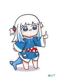 Rule 34 | 1girl, :3, animal costume, artist name, barefoot, blue eyes, blue hair, blue hoodie, blunt bangs, chibi, commentary, drawstring, eiul, english commentary, fins, fish tail, gawr gura, gawr gura (1st costume), hair ornament, highres, hololive, hololive english, hood, hood down, hoodie, long sleeves, looking to the side, medium hair, middle finger, multicolored hair, outstretched arm, outstretched hand, shark costume, shark hair ornament, shark tail, sleeves past wrists, solo, streaked hair, tail, twitter username, two side up, virtual youtuber, white background, white hair, wide sleeves