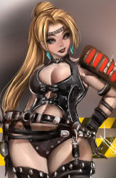 Rule 34 | 1girl, armor, belt, blonde hair, blue eyes, breasts, center opening, circlet, cleavage, earrings, hand on own hip, highres, jewelry, lace-up, large breasts, leather, lipstick, long hair, makeup, mascara, multiple belts, navel, ninja gaiden, orion-m, pauldrons, ponytail, rachel (ninja gaiden), revealing clothes, shoulder armor, signature, solo, spikes, thighhighs