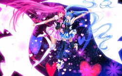 Rule 34 | 10s, 2girls, ;d, aino megumi, bad id, bad pixiv id, black legwear, blue eyes, blue hair, boots, bow, brooch, cape, cure lovely, cure princess, flower, happinesscharge precure!, heart, heart brooch, high heel boots, high heels, highres, magical girl, multiple girls, one eye closed, open mouth, pink bow, pink eyes, pink hair, ponytail, precure, shirayuki hime, skirt, smile, swordsouls, thigh boots, thighhighs, twintails, white legwear, wide ponytail, wink