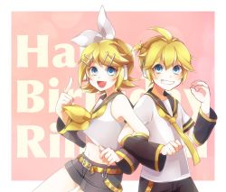 Rule 34 | 1boy, 1girl, :d, ahoge, belt, black sailor collar, black shorts, black sleeves, blonde hair, blouse, blue eyes, bow, brother and sister, commentary request, crop top, detached sleeves, fang, grin, hair bow, hair ornament, hairclip, happy birthday, headphones, interlocked fingers, kagamine len, kagamine rin, long sleeves, looking at viewer, midriff, navel, neckerchief, necktie, ok sign, omachi mozu, open mouth, redrawn, sailor collar, shirt, shorts, siblings, sidelocks, skin fang, smile, v, vocaloid, white bow, white shirt, yellow belt, yellow neckerchief, yellow necktie