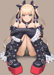 Rule 34 | bare shoulders, black ribbon, blonde hair, blue eyes, boots, brown background, closed mouth, collar, dead or alive, detached sleeves, frills, gothic lolita, hair ribbon, highres, lolita fashion, long hair, looking at viewer, marie rose, panties, platform boots, platform footwear, ribbon, shigenobu, sidelocks, simple background, sitting, smile, solo, striped clothes, striped panties, twintails, underwear