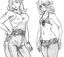 Rule 34 | 2girls, bb (baalbuddy), belt, bikini, bikini top only, closed mouth, covered erect nipples, denim, elf, flat chest, freckles, greyscale, hand on own hip, high-waist pants, highres, jeans, looking at viewer, monochrome, multiple girls, no bra, one eye closed, original, pants, pointy ears, ponytail, shirt, smile, swimsuit, watch, wristband, wristwatch