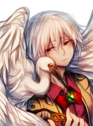 Rule 34 | 1girl, animal, animal on shoulder, bad id, bad pixiv id, bird, bird on shoulder, bow, bowtie, brooch, closed mouth, dress, feathered wings, half-closed eyes, highres, jacket, jewelry, kishin sagume, looking at another, open clothes, open jacket, purple dress, red bow, red bowtie, red eyes, short hair, silver hair, single wing, stork, touhou, upper body, white wings, wings, yudaoshan
