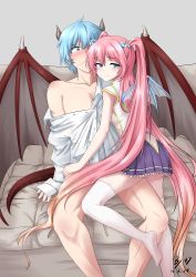 Rule 34 | 00047, 00s, 1boy, 1girl, absurdres, angelic buster, bad id, bad pixiv id, blue eyes, blue hair, blush, dated, dragon tail, dragon wings, girl on top, hetero, highres, horns, kaiser (maplestory), kyle (maplestory), long hair, looking at viewer, maplestory, no shoes, pink hair, pleated skirt, purple skirt, shirt, simple background, skirt, tail, thighhighs, twintails, two side up, unbuttoned, unbuttoned shirt, undressing, very long hair, white shirt, white thighhighs, wings