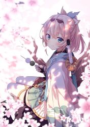 Rule 34 | 1girl, absurdres, bell, black gloves, blue eyes, blush, branch, cherry blossoms, closed mouth, cloud print, coat, dango, falling petals, fingerless gloves, food, gloves, green skirt, hair between eyes, hair ornament, hair ribbon, haori, highres, holding, holding food, hololive, japanese clothes, jingle bell, katana, kazama iroha, kazama iroha (1st costume), long hair, long sleeves, looking at viewer, petals, pleated skirt, ponytail, print coat, print skirt, ribbon, sitting, skewer, skirt, smile, solo, sword, thighhighs, ugume, virtual youtuber, wagashi, weapon, white coat, white thighhighs