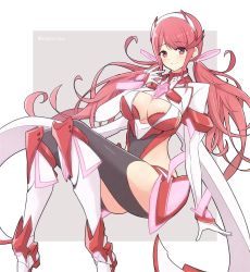 Rule 34 | 1girl, blush, breasts, chest jewel, cleavage, cleavage cutout, clothing cutout, feet out of frame, gloves, grey background, highres, large breasts, long hair, looking at viewer, mochimochi (xseynao), nintendo, pink hair, pink theme, prototype design, pyra (xenoblade), pyra (xenoblade) (prototype), smile, solo, swept bangs, tiara, twintails, twitter username, very long hair, white background, white gloves, xenoblade chronicles (series), xenoblade chronicles 2